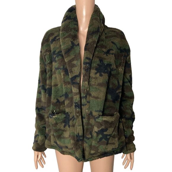 Love Fire Jacket Womens Small Fleece Green Camo Open Front Soft - Picture 5 of 9